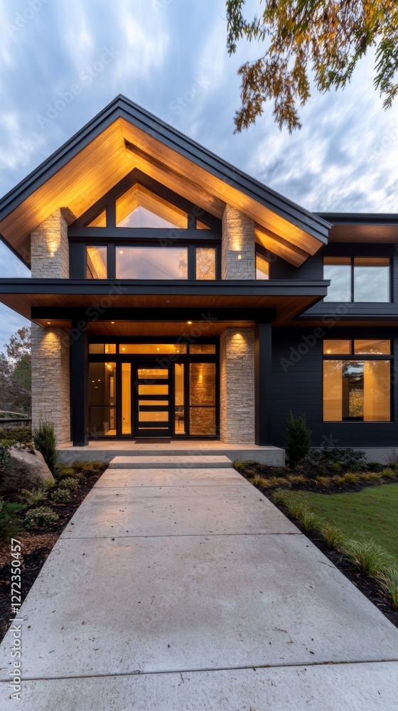 Warm lighting illuminates the modern facade of this stunning home, creating an inviting atmosphere. Warm lighting illuminates the modern facade of this stunning home, creating an inviting atmosphere.