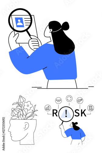 Woman examines profile with magnifying glass, focus on risk assessment icons and head blooming with flowers. Ideal for data analysis, career decisions, mental growth, evaluation, strategy