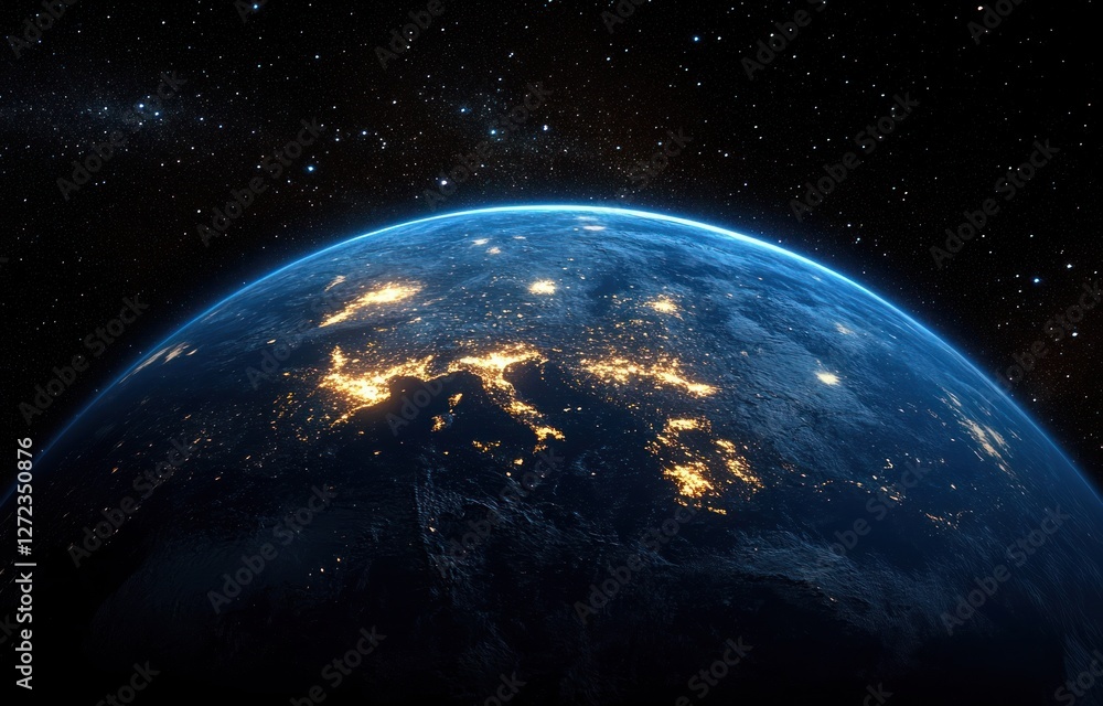Naklejka premium Stunning View of Earth from Space at Night with Europe Illuminated in Hyper-Realistic Style