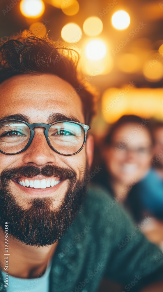 Smiling man with beard and glasses in a warm setting. Happy and friendly atmosphere. Smiling man with beard and glasses in a warm setting. Happy and friendly atmosphere.