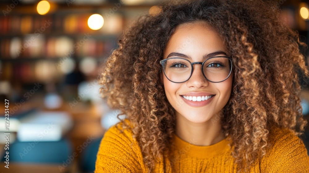 Smiling young woman with curly hair and glasses. Warm lighting and a cozy atmosphere. Smiling young woman with curly hair and glasses. Warm lighting and a cozy atmosphere.