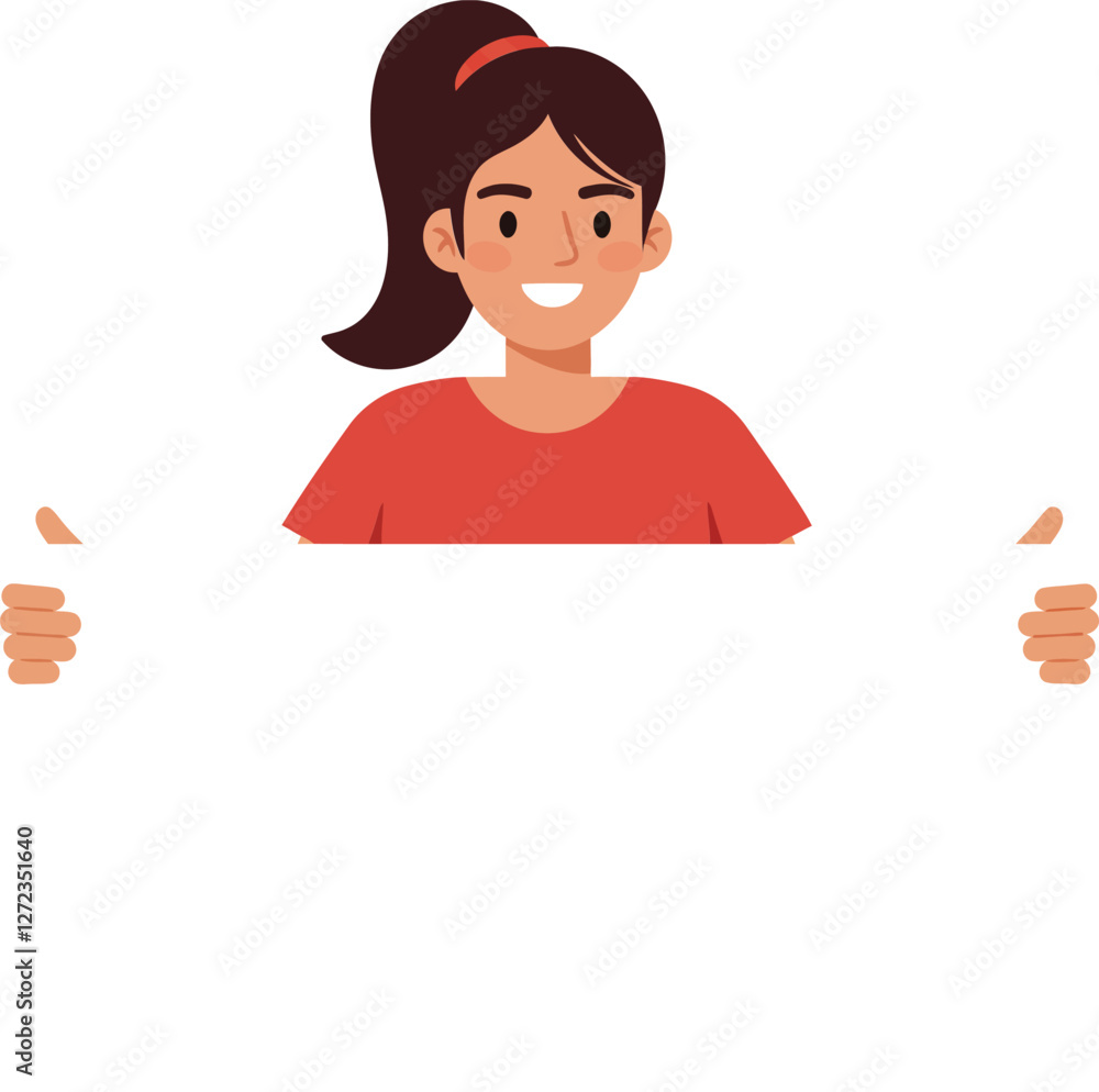 Smiling girl holding blank sign in minimal flat design vector illustration Smiling girl holding blank sign in minimal flat design vector illustration