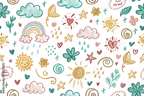 Childlike whimsical pattern of sun, clouds, rainbow, hearts, stars, and foliage on white background