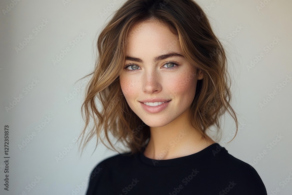 Smiling portrait of brunette woman in black t-shirt captured in natural light with minimalistic background Smiling portrait of brunette woman in black t-shirt captured in natural light with minimalistic background