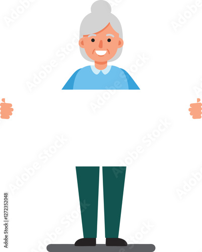 Happy elderly woman holding a blank sign in flat vector art style