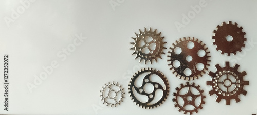 Mechanical process gear assembly workshop metal components industrial setting top view engineering design