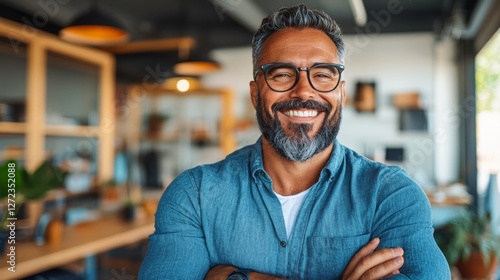 Wallpaper Mural Smiling middle-aged man with graying hair and beard, wearing glasses, in a modern office setting. Torontodigital.ca