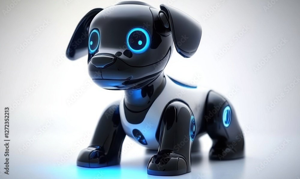 A sleek robotic dog toy with glowing blue accents, set against a minimalistic background A sleek robotic dog toy with glowing blue accents, set against a minimalistic background