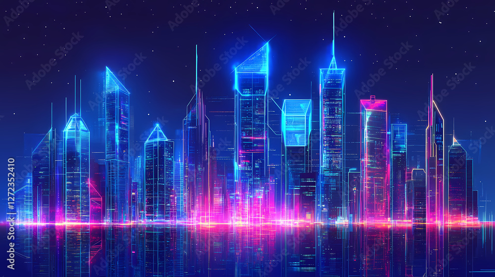Fototapeta premium Futuristic cityscape at night. Neon Dreamscape City. Illustration