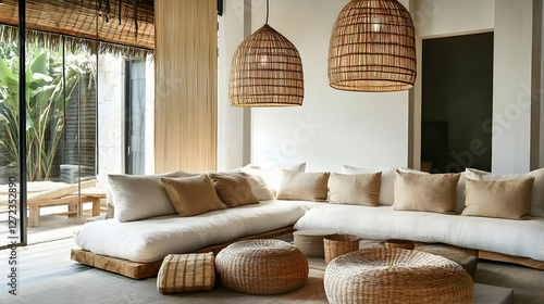 Modern living room with a comfortable sofa and wicker pendant lamp