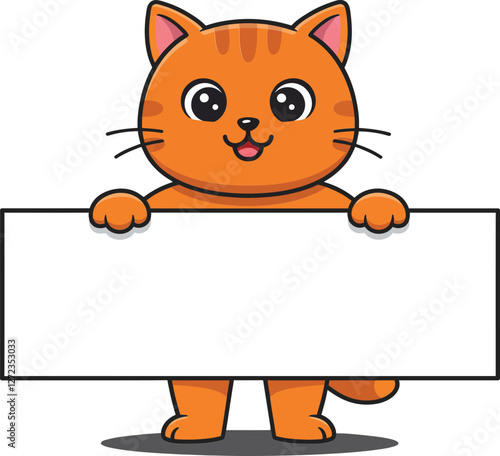 Cute orange cat character holding a blank sign in flat vector art style vector illustration