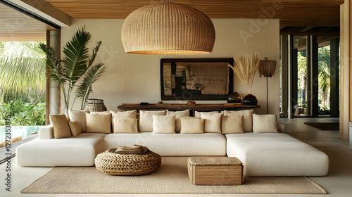 Modern living room with a comfortable sofa and wicker pendant lamp