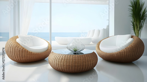 Modern living room with white armchairs and wicker coffee table