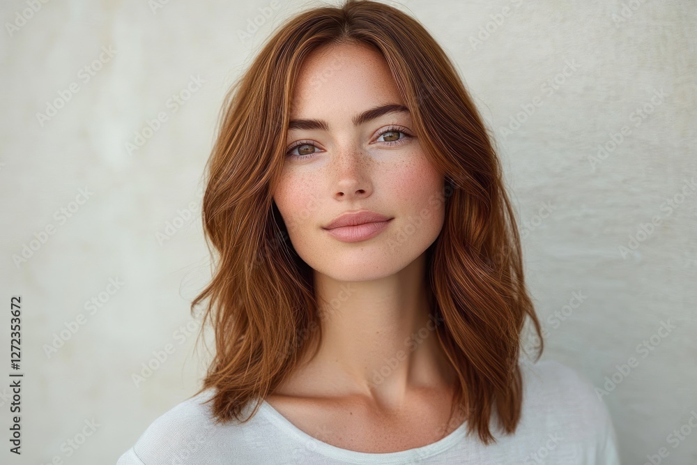 Naklejka premium Brunette woman smiling in casual attire with wavy hair and soft lighting close-up portrait