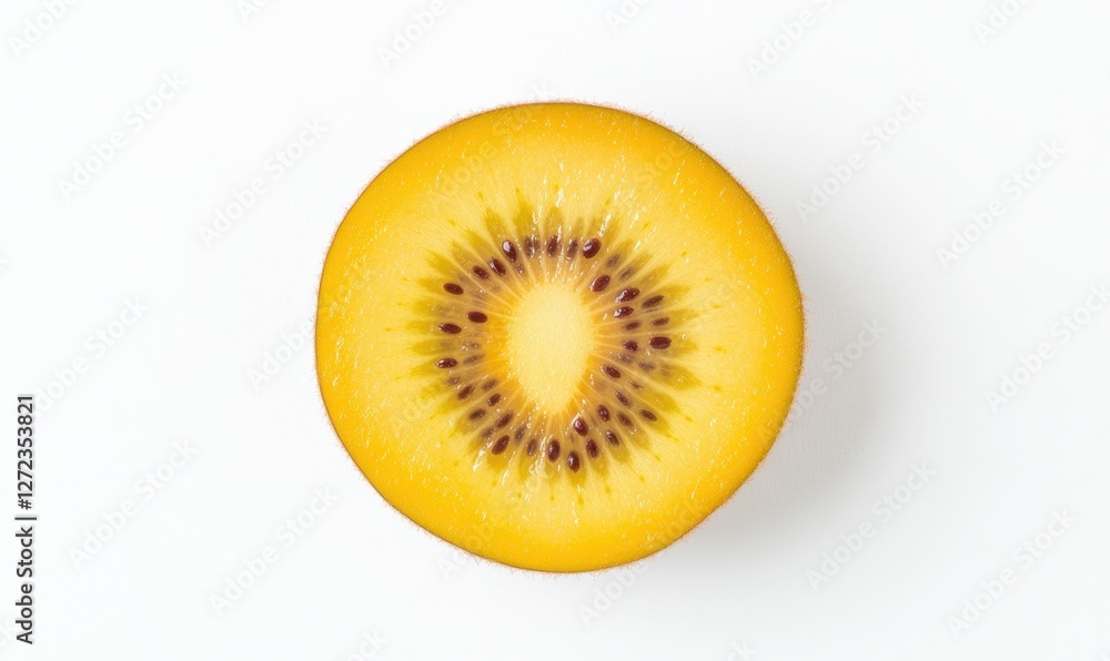 A vibrant, halved yellow kiwi showcasing its unique interior on a clean white background