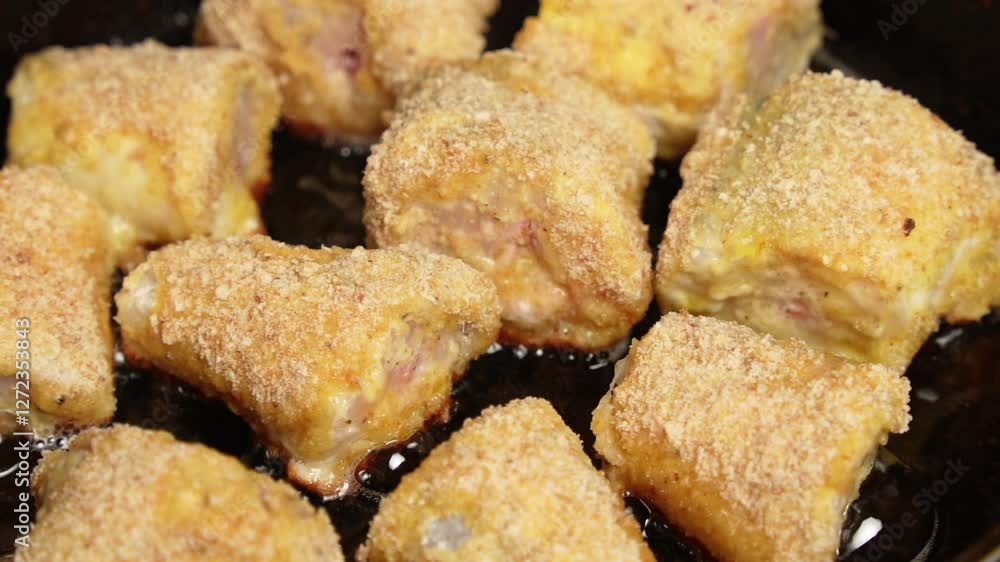 Pieces of fish in batter are fried in a frying pan in boiling oil Pieces of fish in batter are fried in a frying pan in boiling oil