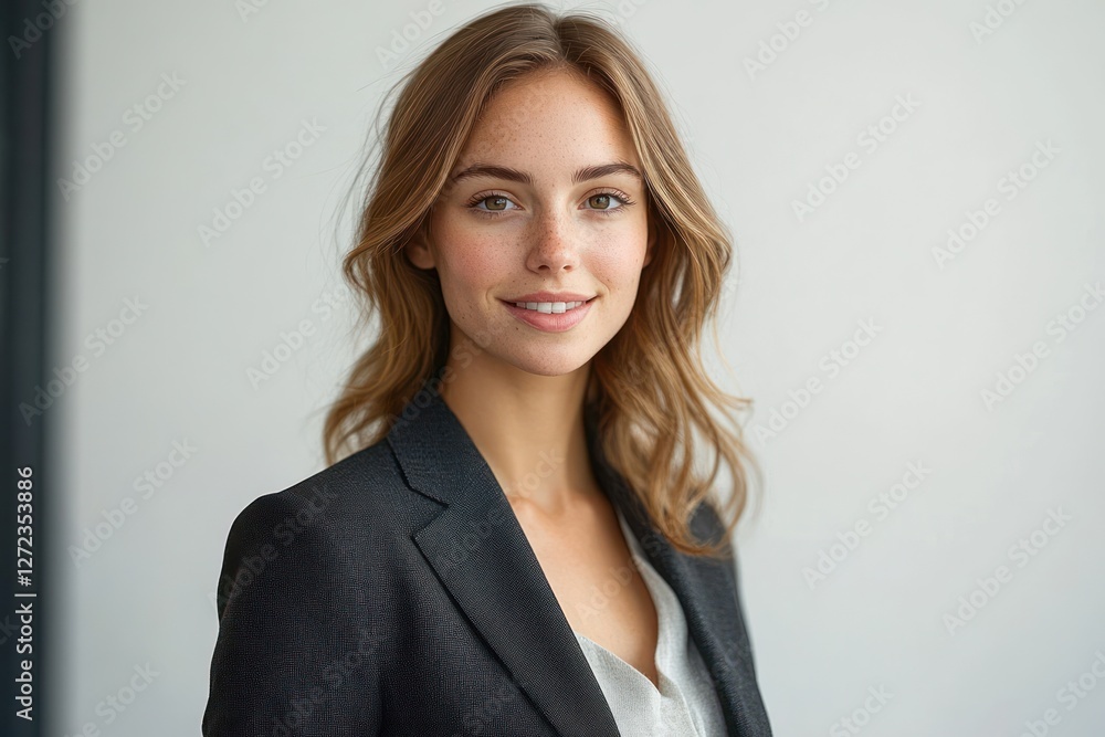 Confident and happy businesswoman in tailored suit smiling professionally in studio with white background Confident and happy businesswoman in tailored suit smiling professionally in studio with white background