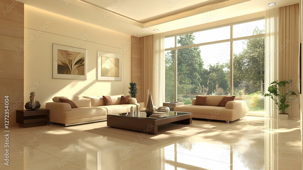 Modern minimalist living room with beige tones and natural light Modern minimalist living room with beige tones and natural light