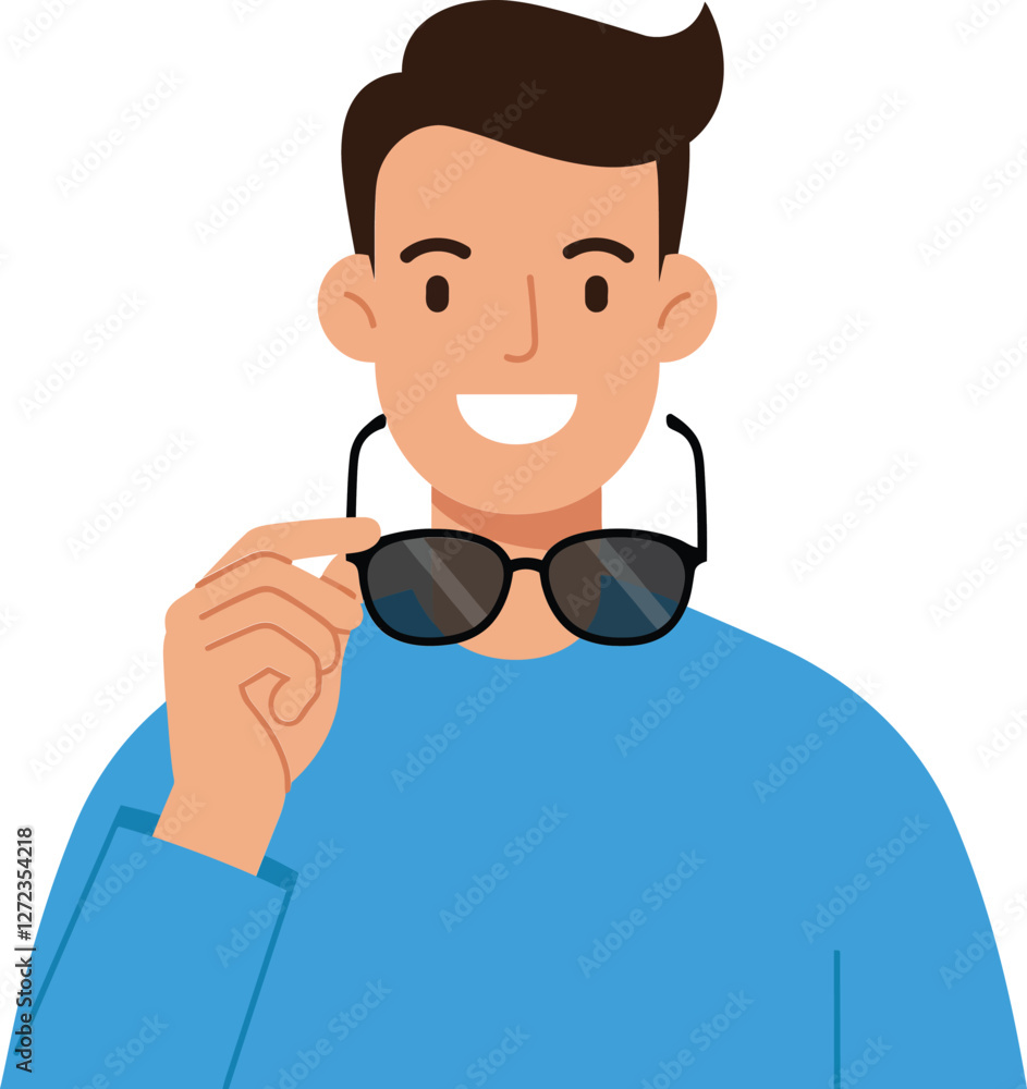 Happy young man holding sunglasses in flat style vector art Happy young man holding sunglasses in flat style vector art