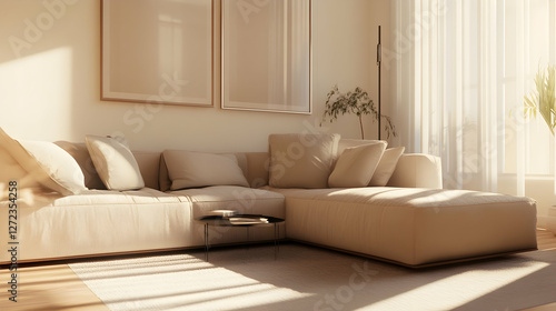 Modern minimalist living room with beige tones and natural light