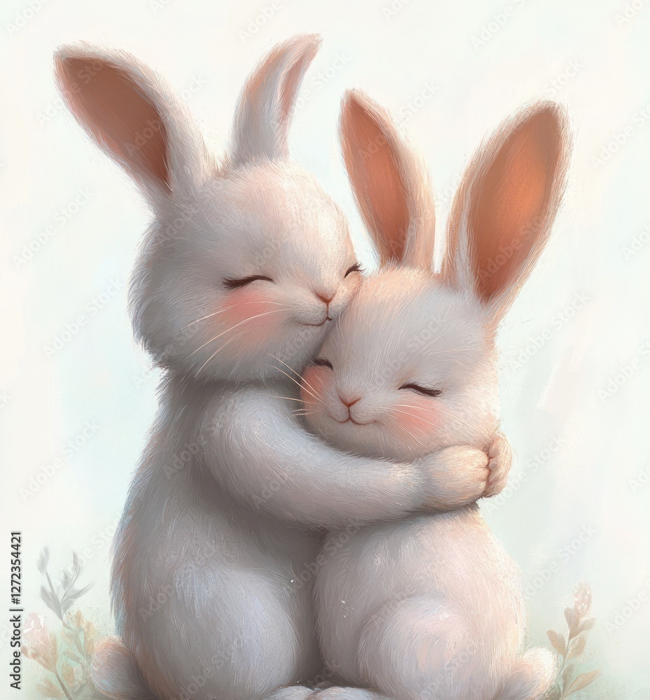 Obraz premium adorable watercolor rabbits mom and baby hugging cute cartoon illustration