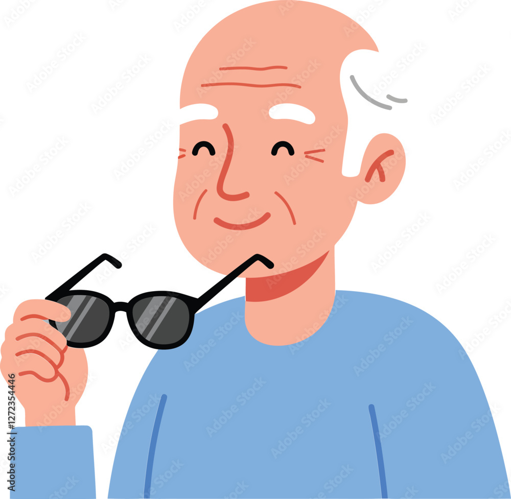 Elderly man smiling while holding sunglasses in flat vector art Elderly man smiling while holding sunglasses in flat vector art