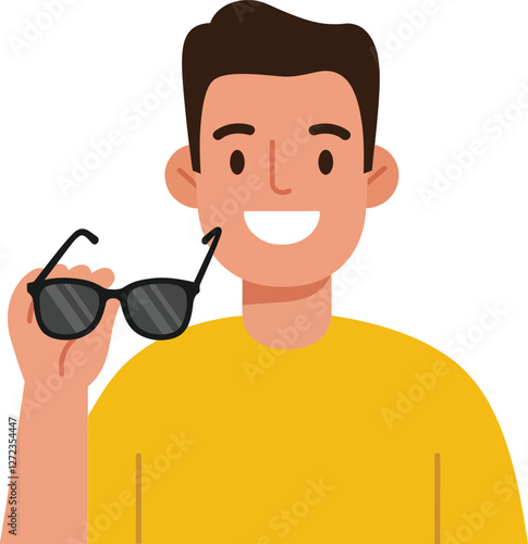 Smiling young man holding sunglasses in flat design vector art
