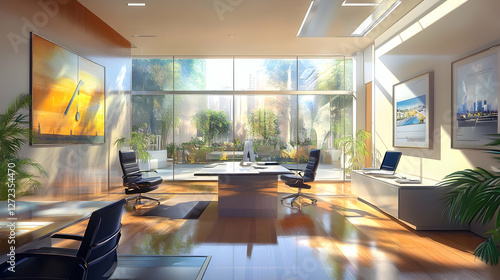 Modern Office with Ergonomic Furniture and Natural Light for Productivity