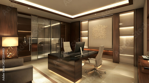 Modern Office with Sleek Design and Glass Partitions for a Clean Workspace