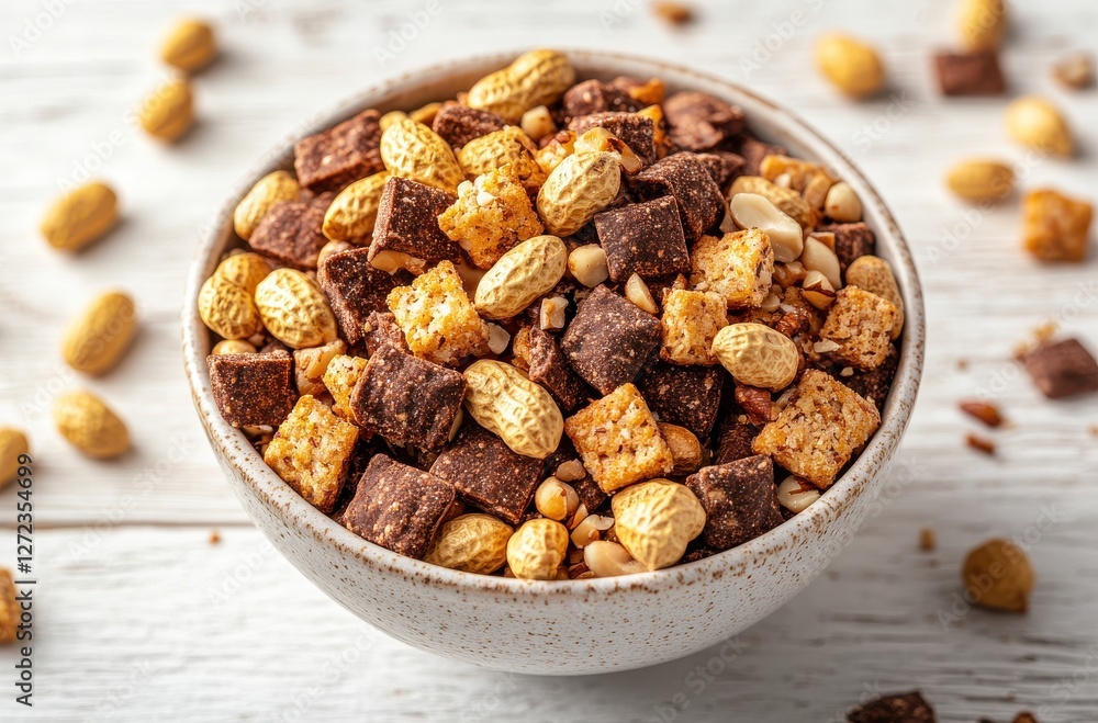 A Close-Up View of a Healthy Snack Bowl Filled with Various Crunchy Nuts, Chocolate Bites, and Tasty Cereal Squares on a Light Wooden Surface A Close-Up View of a Healthy Snack Bowl Filled with Various Crunchy Nuts, Chocolate Bites, and Tasty Cereal Squares on a Light Wooden Surface