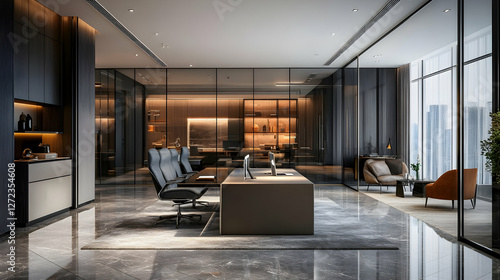 Modern Office with Sleek Design and Glass Partitions for a Clean Workspace