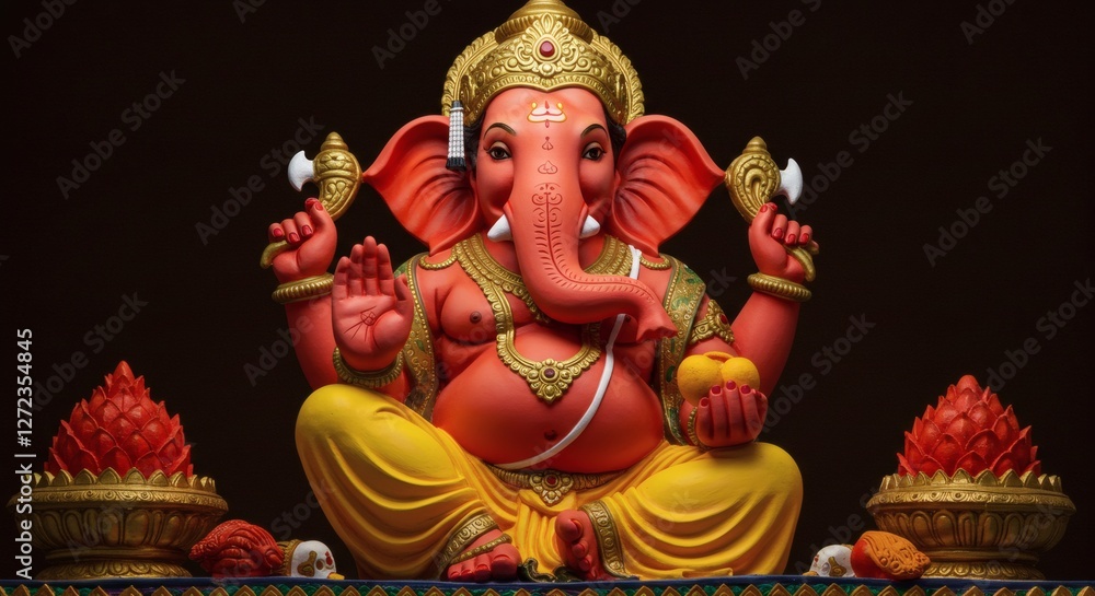 Fototapeta premium Ganesh red god statue dressed in yellow . Hindu religion concept on black background