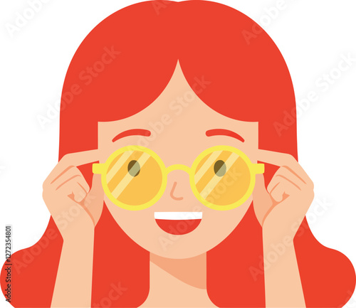 Girl with red hair adjusting yellow sunglasses in flat vector art