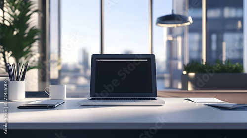 Modern Office Workspace with Laptop, Documents, and Coffee Cup for Productive Environment