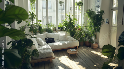 Modern Scandinavian living room with a cozy sofa, wooden flooring, white walls, and lush green plants creating a serene atmosphere