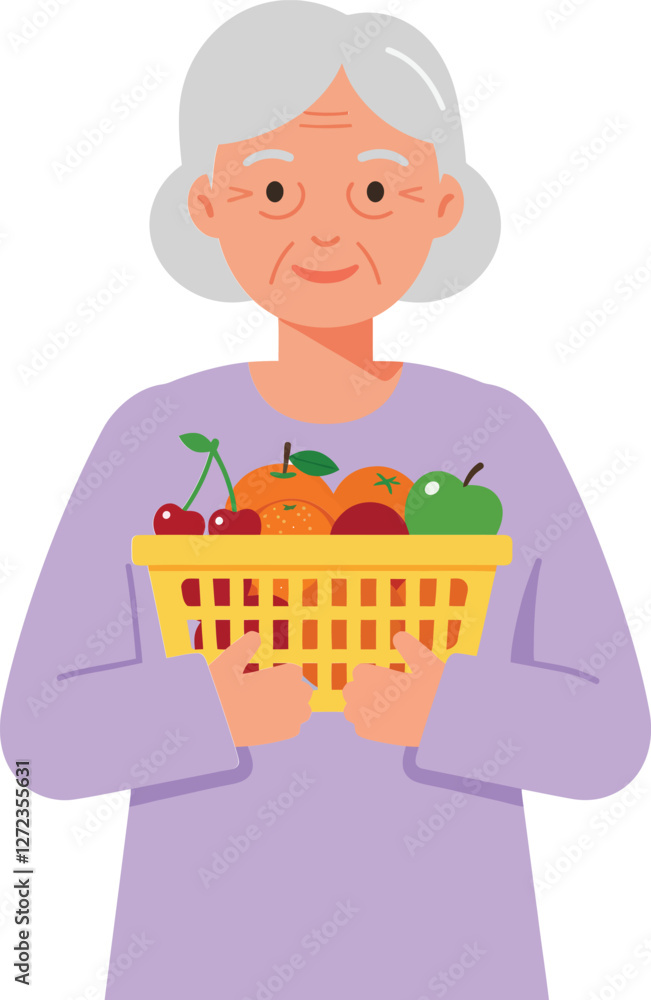 Elderly woman holding a basket of colorful fruits in flat vector art Elderly woman holding a basket of colorful fruits in flat vector art