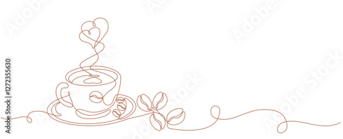 breakfast with a cup of coffee drawn in one line style.