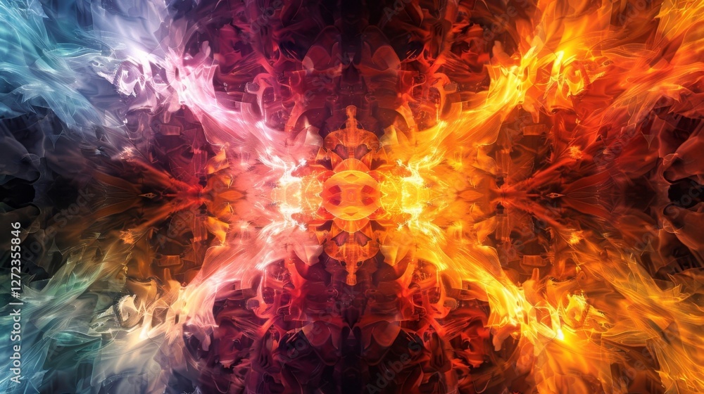 Fototapeta premium A radiant burst of multicolored flames overlaid with intricate geometric patterns reflecting the diverse and constantly evolving nature of the crypto world.