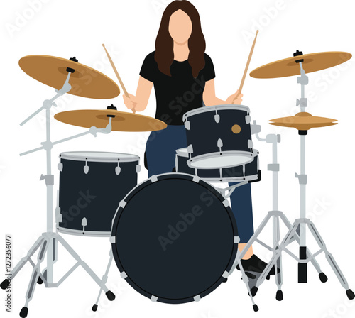 Drummer performing on a drum set in flat vector art style showcasing rhythm and motion vector illustration