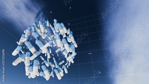 3d render of blue and white capsules in a cloud with sky background photo