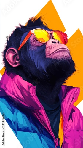 Cool chimp in vibrant jacket and sunglasses, looking up.  A stylish primate artwork. photo