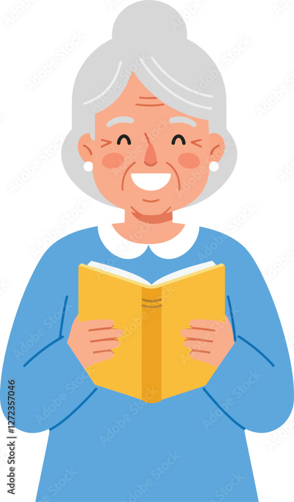 Smiling elderly woman reading a book in flat vector art style Smiling elderly woman reading a book in flat vector art style