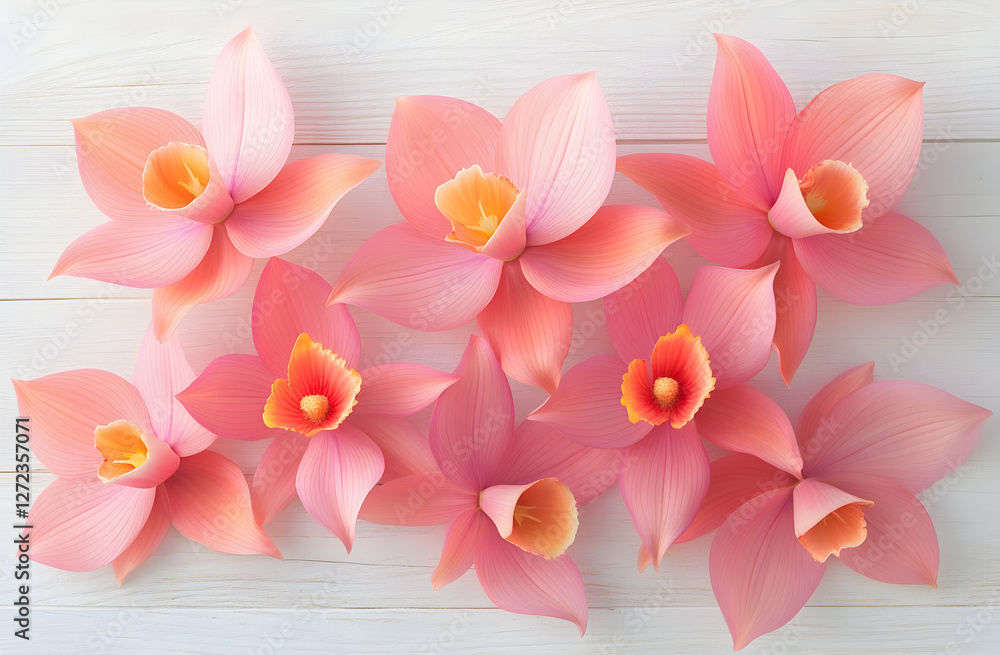 Obraz premium Delicate floral artwork featuring a collection of soft pink orchid blossoms arranged on a pristine white wooden surface, creating a serene composition