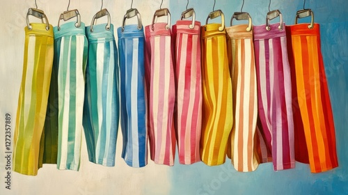 Striped pants drying, market, vibrant, summer