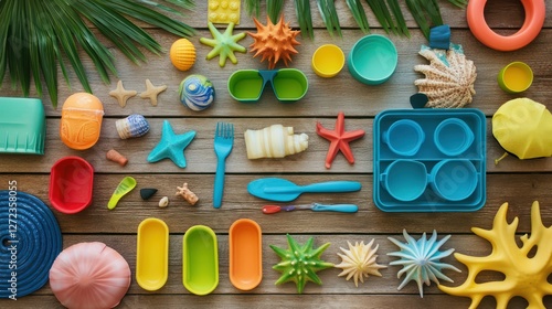 Colorful toys beach picnic wood table
