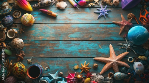 Seashells frame wood, summer beach