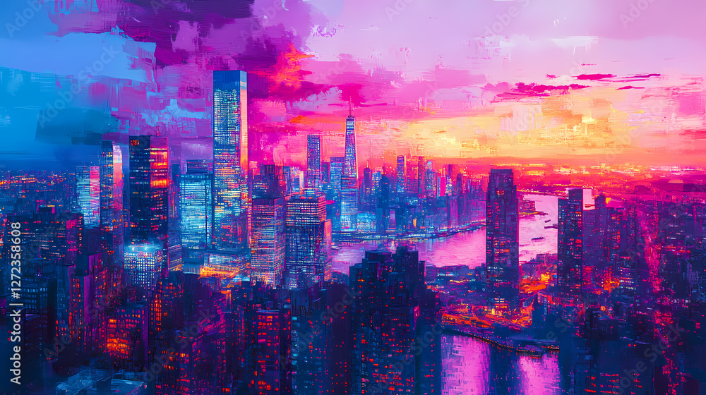 Obraz premium A vibrant city skyline glowing with neon hues at twilight, showcasing modern architecture. Neon Dreamscape City. Illustration