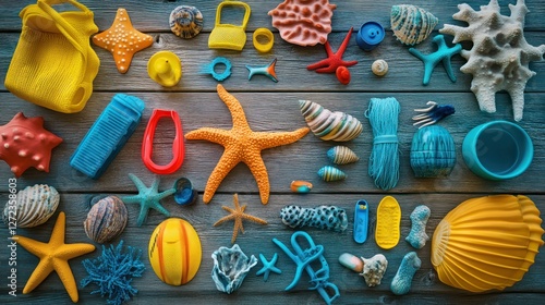 Colorful Seashells & Toys on Wood