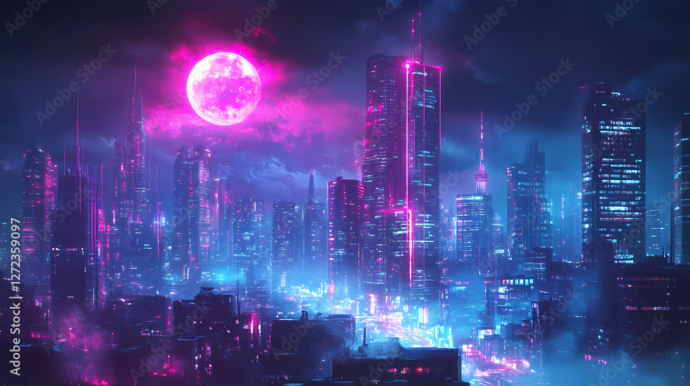 Fototapeta premium Cyberpunk cityscape: neon dreamscape. Neon Dreamscape City. Illustration