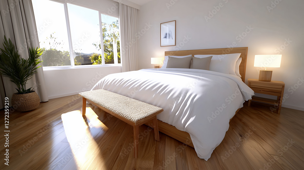 Obraz premium bright minimalist bedroom with wooden floor, natural light, and cozy decor